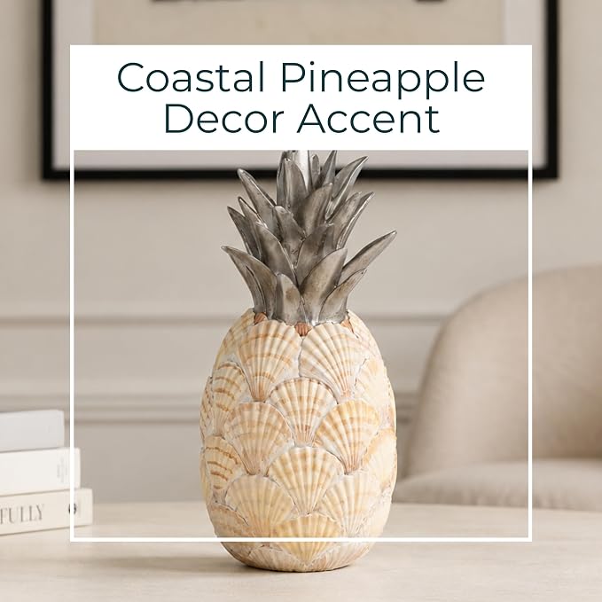 Sagebrook Home Unique 12" Seashell Pineapple Decorative Object, Polyresin Multi-Color Accent Piece for Home Elegance and Coastal Charm