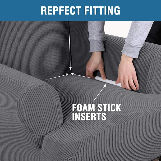 H.VERSAILTEX Wing Chair Slipcover Chair Covers for Wingback Chairs Wingback Chair Covers Slipcovers 1 Piece Stretch Sofa Cover Furniture Protector Spandex Jacquard Checked Pattern, Grey