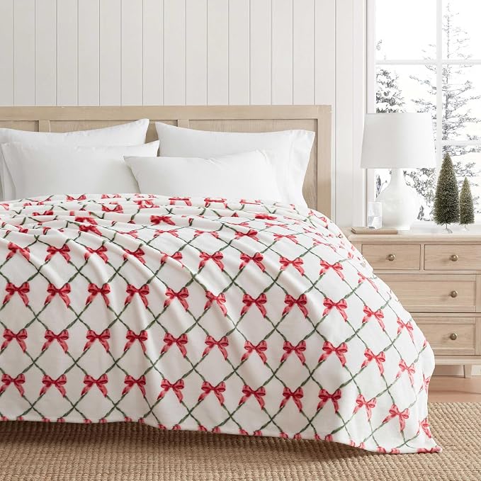 Martha Stewart - Blanket, Incredibly Soft Throw Blanket for Couch or Bed, Printed Plush & Oversized Bedding (Emmas Bow White, 60" x 70")