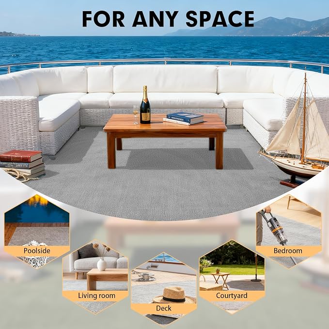 Grefinity Marine Carpet,6 FT x 14 FT Gray Indoor Outdoor Carpet 0.2" Thick Boat Rug with Water-Proof TPE Backing for Home, Patio, Porch, Deck