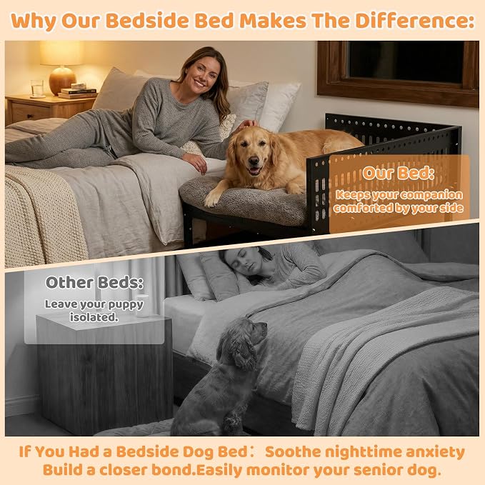 Beside Dog Bed,2 Panels Adjustable Height Dog Bunk Beds,41.3”x27.5” Metal Frame & Cushion, Converts to Bunk Bed or Bed Extension Attachment for Human Bed, for Large Dogs