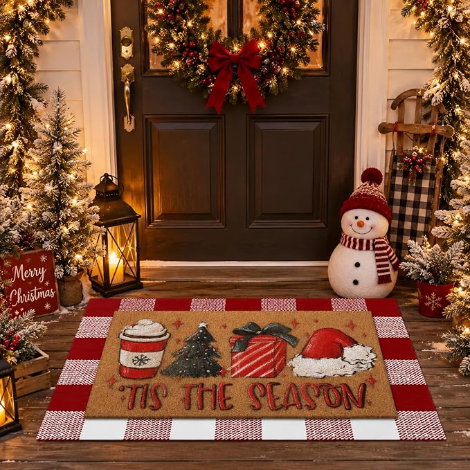 Tinideya 2 Pcs Christmas Layered Doormat Set, Tis the Season Welcome Mat and Red White Plaid Layering Rug, Xmas Front Porch Decorations for Entryway Doorway Outdoor