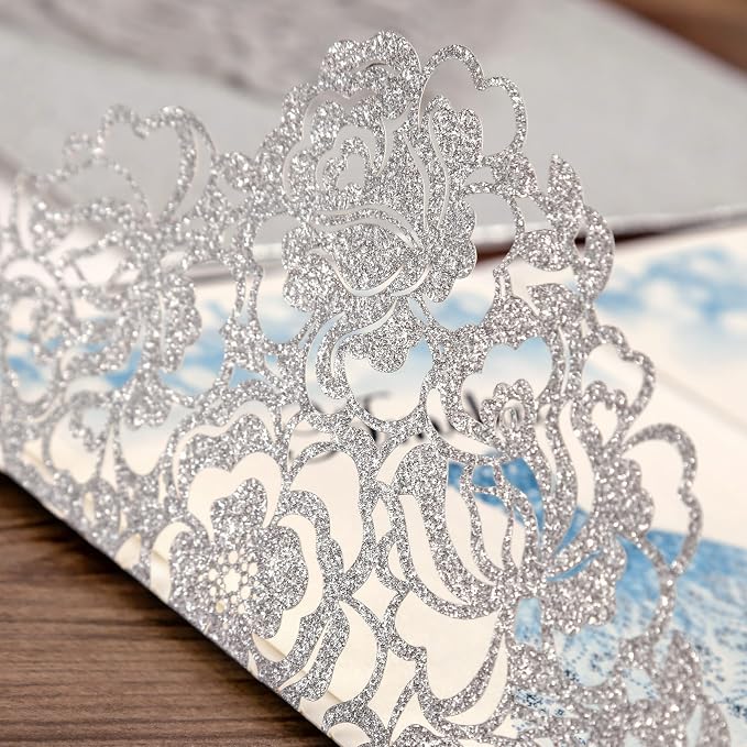DORIS HOME 50Pcs Personalized Laser Cut Quinceanera Invitations, Silver | 4.7"x7.1", Customized Quince Invitations, For 15th Birthday, Sweet 16, With Envelopes