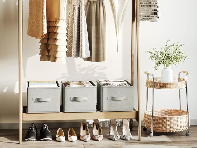 LayerSpace 3 Pack Fabric Storage Bins for Shelves | 14.75x10.25x8.25 in Storage Baskets | Fabric Closet Organizers with Handles Home Organization | Linen Clothes Storage Bins | Light Gray | Thickened Rigid PP Panels, Cotton-linen Shelf Baskets, Measure...