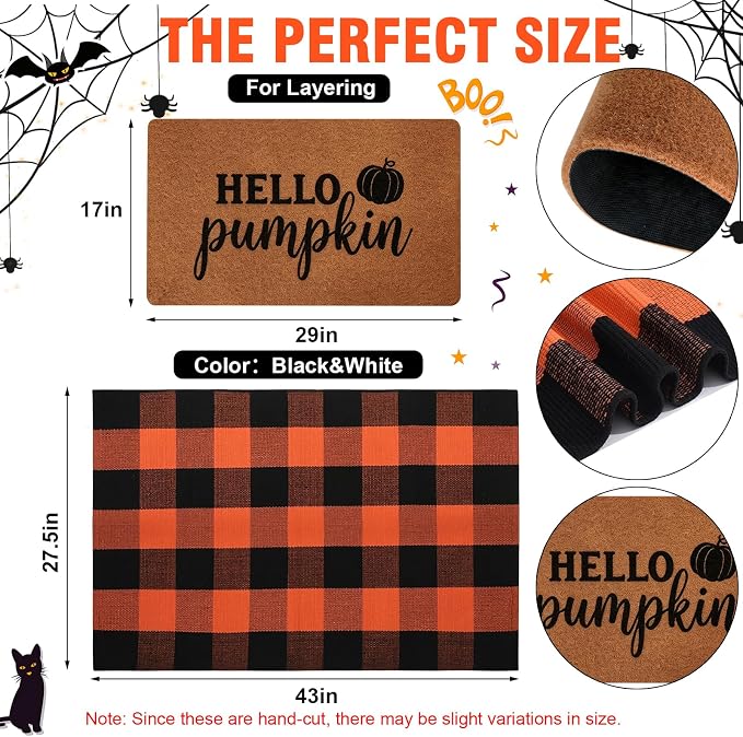 2 Pcs Halloween Decor Door Mat Combo Set, Coir Welcome Mat & 27.5 x 43 Inches Orange and Black Plaid Rug,Layered Buffalo Plaid Mat for Front Porch Entryway, Indoor Outdoor Welcome Mats