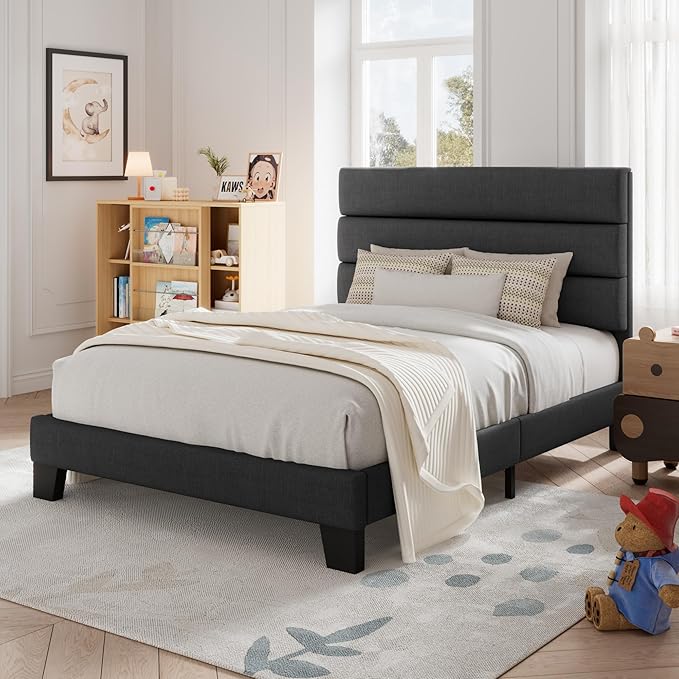 Allewie Twin Size Platform Bed Frame with Fabric Upholstered Headboard Gray | Wooden Slats Support, Fully Upholstered Mattress Foundation, No Box Spring Needed, Easy Assembly, Noise-Free, Dark Grey