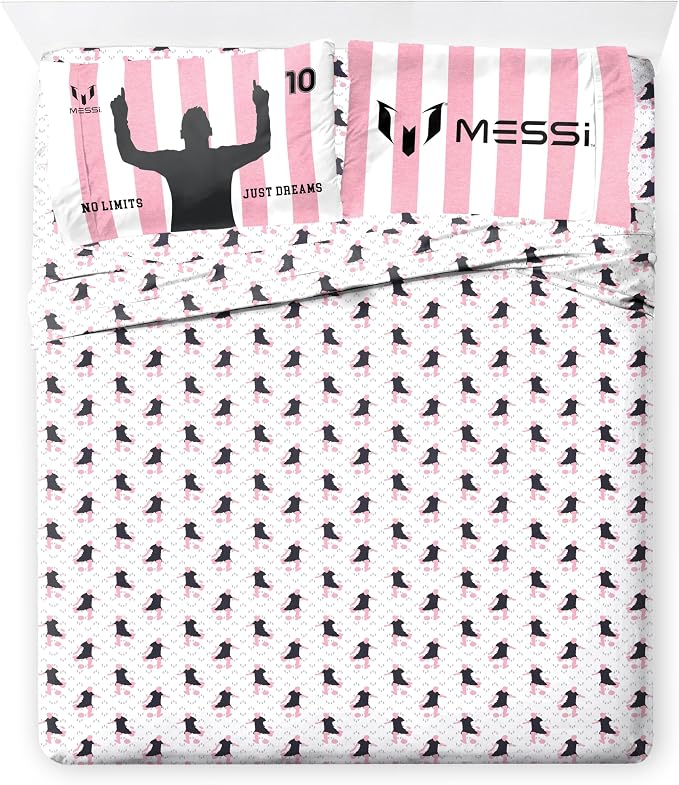 Jay Franco Messi Full Comforter Set 7 Piece Soft Kids Sports Bedding, Pink | Bed in a Bag, Comforter Sheets Shams Pillowcases, Official Product, Soft Microfiber, Machine Washable, Kids Gift