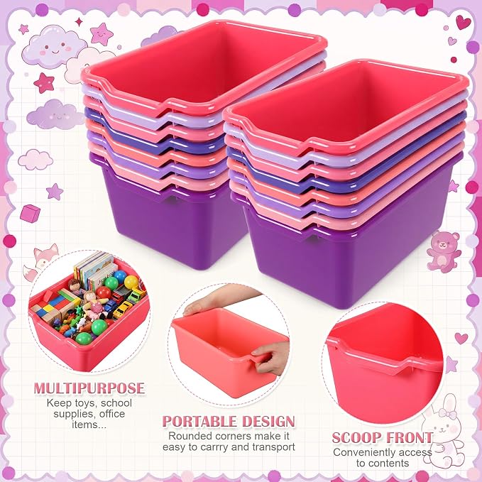 Dandat 32 Pcs Plastic Book Bins for Classroom Library Cubby Bins Scoop Front Stackable Toy Storage Tubs Containers for School Office Home Nursery Playroom Organization (Pink Series)