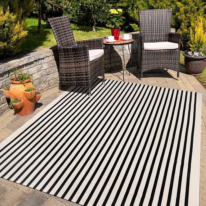Collive Black and White Outdoor Rug, 5x8ft Striped Outdoor Rug, Reversible Washable Patio Rugs, Cotton Hand Woven Indoor Area Rug Floor Carpet for Outdoor Indoor Porch