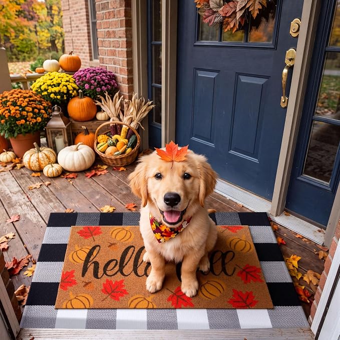 Moucuny 2 Pcs Fall Coir Doormat Outdoor Hello Fall Welcome Mat Layered Black and White Buffalo Plaid Rug for Autumn Front Porch Entryway Entrance Decor, 24'' x 35'', 16'' x 28''
