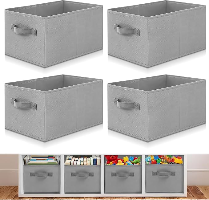 Yinder 4 Pcs Cube Storage Bin Gray 14''x10''x8'' Storage Bins for Playroom Decor Colorful Bins for Kids Foldable Baskets for Nursery Organizer Boxes Fabric Boxes