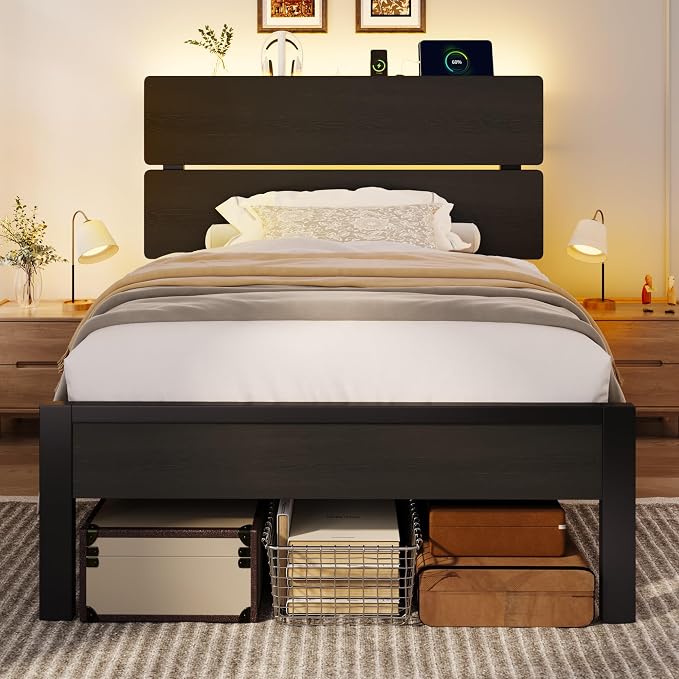 SHA CERLIN Twin Size Bed Frame, Led Light, Charging Station, Storage Shelf | Wooden Headboard, Heavy Duty Slats Support, Metal Platform Bed, Under Bed Storage, No Box Spring Needed, Noise Free, Black