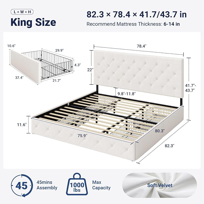 Allewie Upholstered King Size Platform Bed Frame with 4 Storage Drawers and Adjustable Headboard, Diamond Button Tufted, Wooden Slats Support, Noise-Free, No Box Spring Needed, Easy Assembly, White