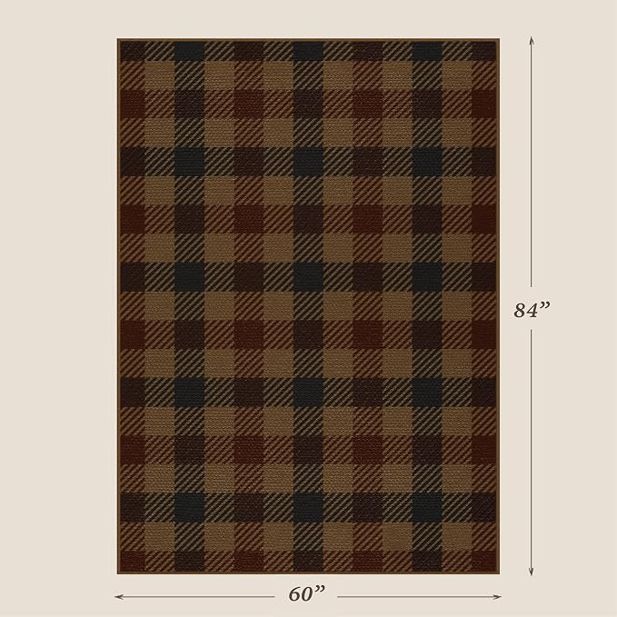 5x7 Farmhouse Mudroom Rug – Washable Non Slip Large Entryway Area Rug for Back Door, Garage Entrance, Durable Indoor Outdoor Style Plaid Rug for Kitchen Dining Room, Dark Brown