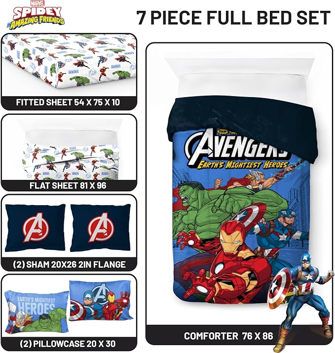 Jay Franco Kids Bed Set, Blue, Avengers, 7 Piece Full | Cozy Soft Bedding for Stylish Room Décor with Comforter, Sheets & Pillow Covers