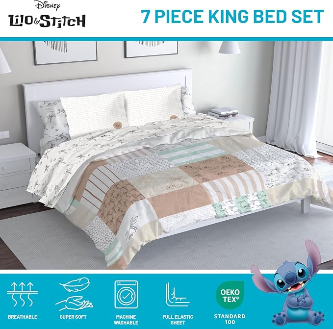 Disney Lilo and Stitch King Comforter Set 7 Piece Bedding for Girls, Multi | Bed in a Bag, Comforter Sheets Shams Pillowcases, Official Product, Soft Microfiber, Machine Washable, Girls Gift