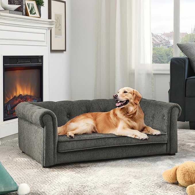 Dog Sofa for Small & Medium Dogs | Removable & Washable | No Assembly Required | Breathable Linen Fabric | Soft Foam |Floor-friendly sofa legs | Dark grey