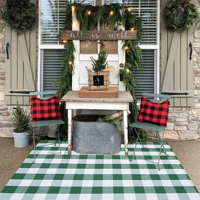 Green & White Christmas Plaid Rug, 4' x 6' Check Indoor/Outdoor Area Rug, Hello/Welcome Door Mat Layering Rug, Machine Washable Cotton Woven Rugs for Farmhouse Front Porch, Entryway