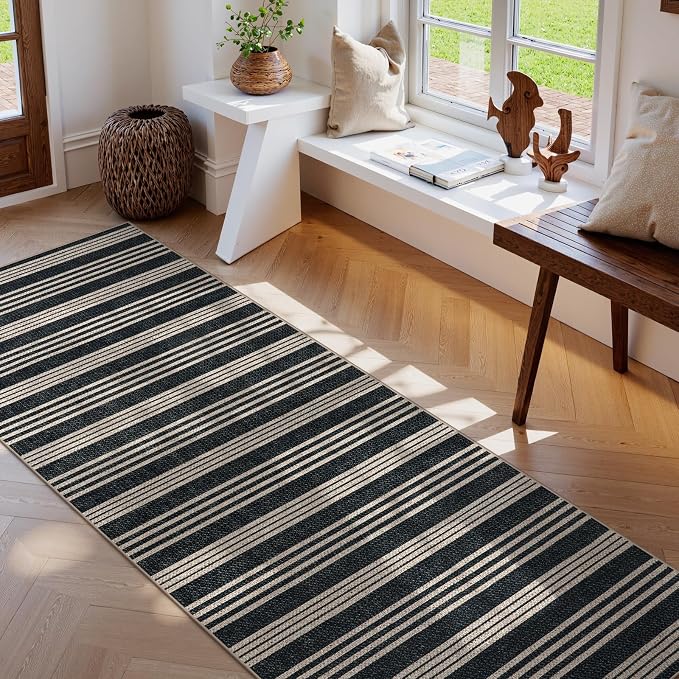 Lahome Striped Easy Jute Kitchen Runner Rug, 2x8 Washable Outdoor Rugs | Black Non Slip Indoor Entryway Runners, Modern Farmhouse Neutral Non Shedding Carpet for Hallway Porch Foyer Laundry Room