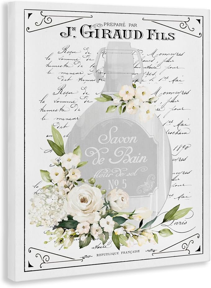 French White Bath Soap Floral, 36 x 48 Inch Canvas Wall Art | Stupell Industries · By Lettered and Lined · Ready to hang · Elegant bath and laundry decor · Made in USA