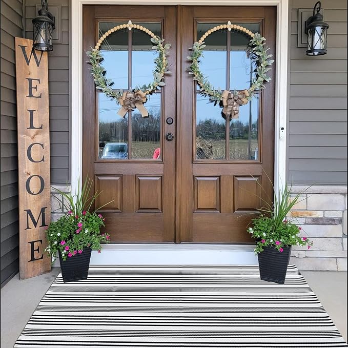 Black and White Striped Outdoor Rug Front Porch Rug 35.4''x59'' Cotton Hand-Woven Welcome Mats Layered Door Mats for Front Porch/Entryway/Laundry Room/Bedroom/Outdoor (35.4''x59'')