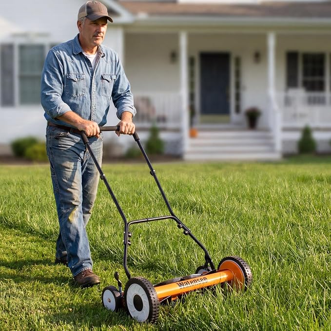 Walensee 18-Inch Manual Lawn Mower, 5-Blade Push Reel, 9 Heights | Precision-Ground Alloy-Steel Blades Deliver Clean Scissor-Like Cuts, While Manual Cordless Operation Keeps Lawn Care Quiet