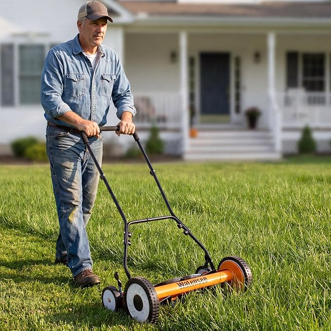 Walensee 20-Inch Manual Lawn Mower, 5-Blade Push Reel, 9 Heights | Precision-Ground Alloy-Steel Blades Deliver Clean Scissor-Like Cuts, While Manual Cordless Operation Keeps Lawn Care Quiet