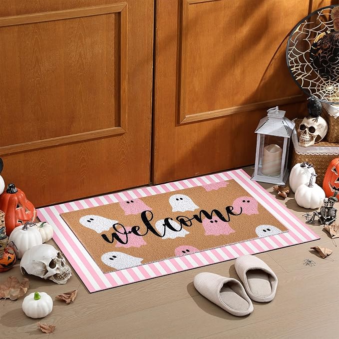 Tinideya 2 Pcs Pink Halloween Welcome Mats for Front Door, Cute Ghost Coir Doormat with Pink White Striped Rug, Layered Doormat Set for Front Porch Entryway Outdoor Fall Decor