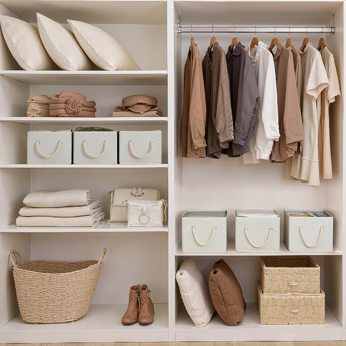 StorageWorks Fabric Storage Bins for Shelves, Storage Baskets for Closet Organization, Organizer Bins for Clothes Storage, Beige, White & Ivory, 3-Pack, Small