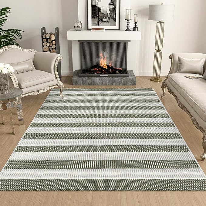 Green and White Striped Outdoor Rug 4x6 ft, Washable Cotton Woven Patio Rug, Reversible Foldable Front Porch Decor Indoor Outdoor Rugs for Farmhouse/Living Room