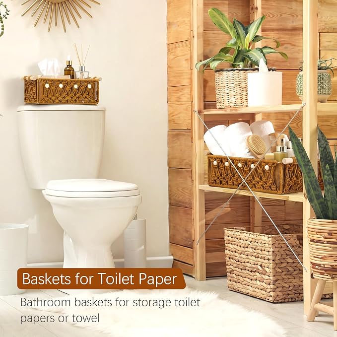 Vesici 4 Pcs Rustic Brown Macrame Storage Basket for Shelves 13 in 11 in Boho Basket Hand Woven Boxes with Wood Handles Beads Decorative Countertop Toilet Tank Cabinet Organizer for Home Room Decor