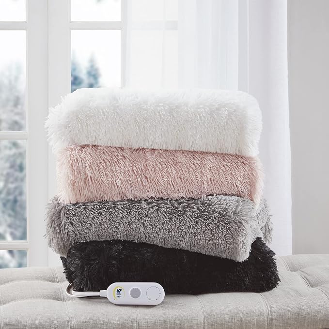 Serta Mila Shaggy Heated Throw Blanket - Soft Faux Fur Heated Blanket, Fast Heating, Auto Shut Off Timer, Low EMF, 5 Heat Setting, ETL Certified, Machine Washable Electric Blanket, Blush 50"x60"