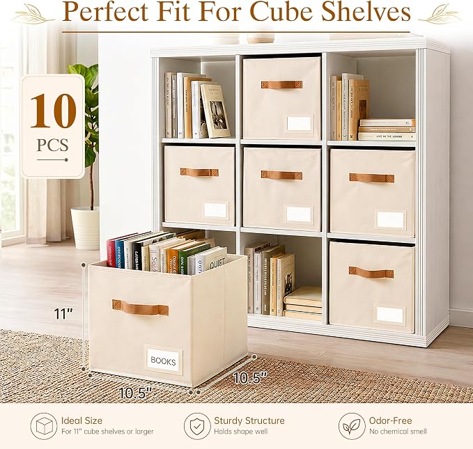 Storage Cubes 10 Pack, 11 Inch Fabric Storage Cubes Organizer Bins with Labels, Odor-Free & Sturdy PP Structure, Cubby Baskets for Closet, Shelves, Toys & Nursery (Beige)