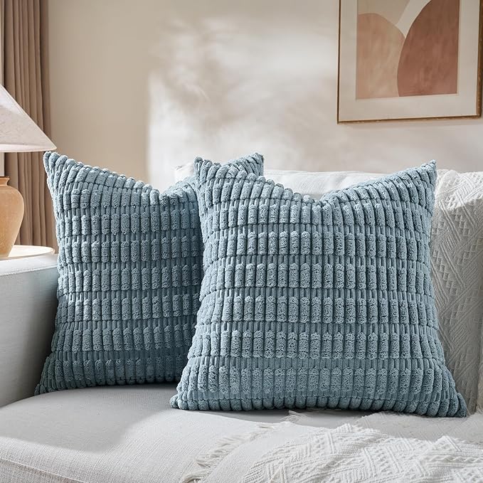 Fancy Homi 4 Packs Boho Light Blue Decorative Throw Pillow Covers 22x22 Inch for Couch Bed Sofa, Rustic Modern Farmhouse Home Decor, Soft Plush Corduroy Cute Square Cushion Case 55x55 cm