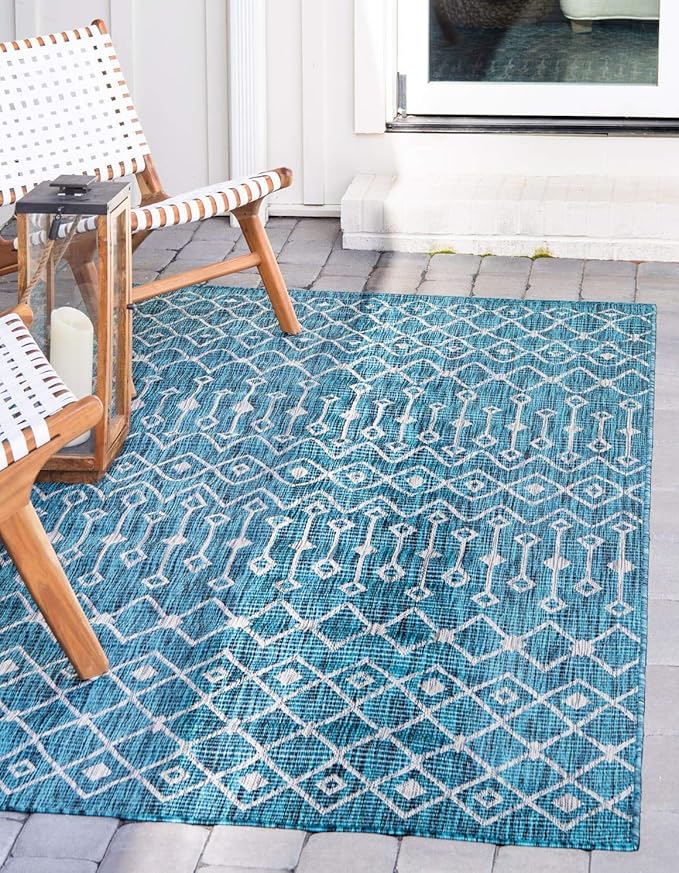 Unique Loom Outdoor Trellis Collection Area Rug - Tribal Trellis (7' 1" x 10' Rectangle, Teal/ Ivory)