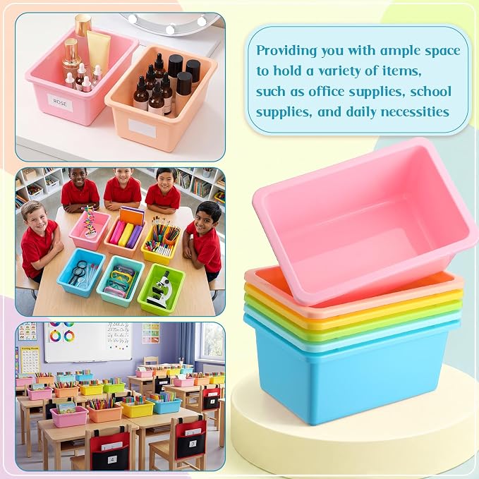 Thyle 12 Pieces Plastic Cubby Bins with Labels Classroom Book Bins Stackable Storage Container Durable Toy Storage Organizer Baskets for School Classroom Office (Classic,Light Color)