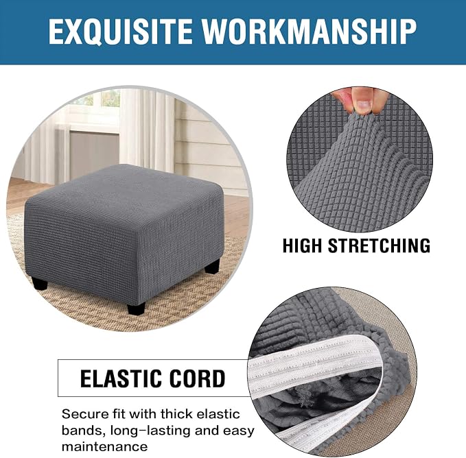 H.VERSAILTEX Square Ottoman Covers Ottoman Slipcovers Folding Storage Stool Furniture Protector Form Fit with Elastic Bottom, Stretch High Spandex Small Checks Jacquard Fabric(Large,Grey)