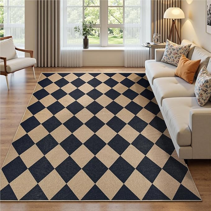 EDIMENS Checkered Easy Jute 5x7 Outdoor Rug Washable Living Room Area Rugs | Black Non Slip Outdoor Patio Rug Diamond Indoor Black Farmhouse Geometric Carpet for Backyard Front Porch Balcony