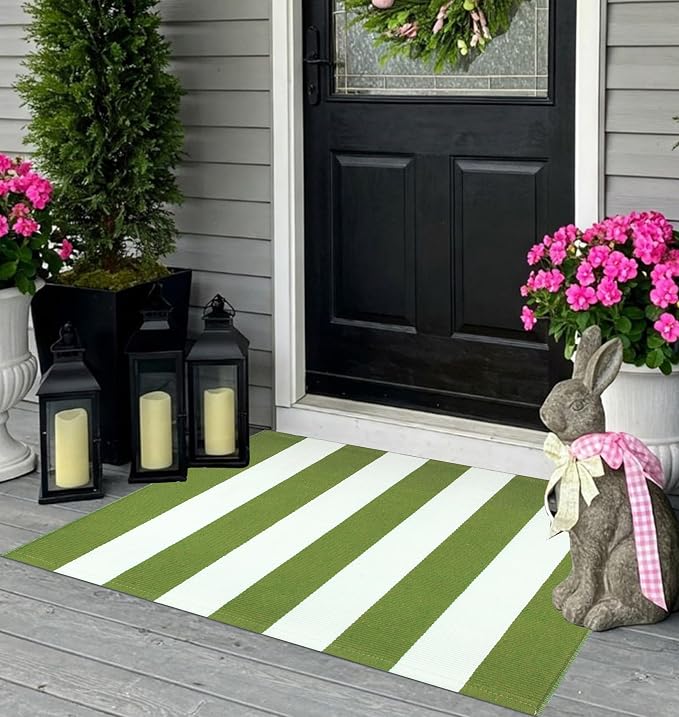 Green and White Layered Door Mats 2x3ft, Striped Outdoor Rug Cotton Woven Washable Farmhouse Small Area Rug for Entryway/Porch Decor/Kitchen/Home Entrance
