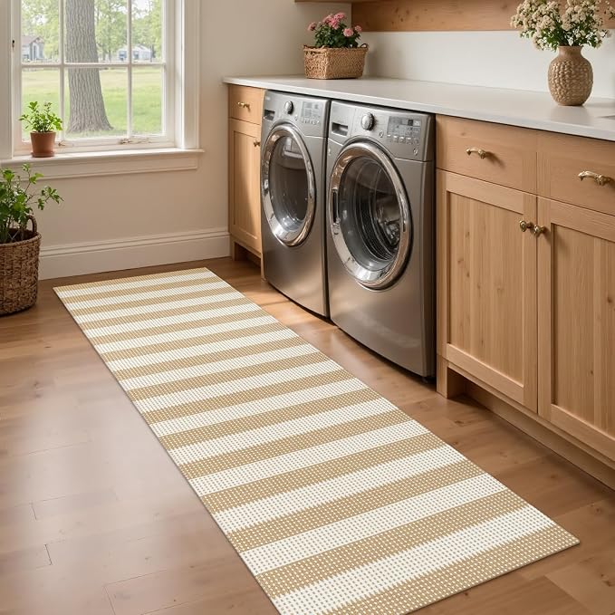 Rugalia Washable Woven Indoor Outdoor Runner Rug 2x6, Natural Beige Striped Cotton Rug Runners for Hallway Non-Slip Long Kitchen Mat, Modern Neutral Throw Runner Carpet for Entry Porch Patio