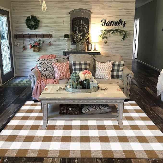 Buffalo Plaid Outdoor Rugs, 4' x 6' Brown and White Checkered Indoor/Outdoor Area Rug, Layering Rug for Hello/Welcome Door Mat, Washable Cotton Woven Farmhouse Mat for Fall Front Porch Décor