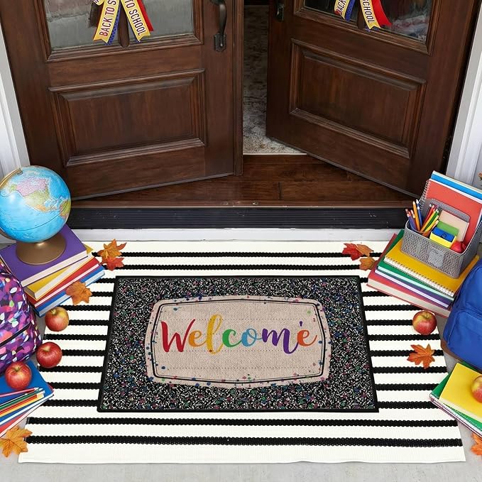 Moucuny 2 Pcs Classroom Doormats Set, Composition Notebook Crystal Velvet Mat Non-Slip Teacher Doormat, Black and White Rug Educational Area Decor for Kindergarten Primary School