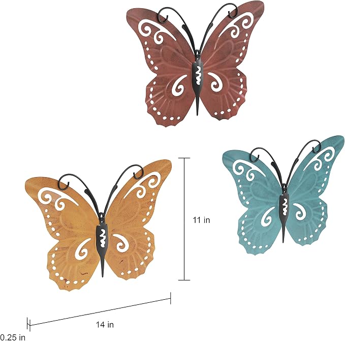 Lavish Home Butterfly Metal Wall Art, 3-Piece-Set | Hand Painted Decorative 3D Butterflies for Rustic Farmhouse Office or Home Decor