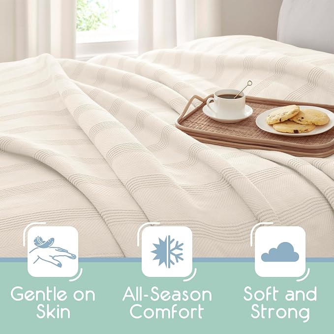 Vellux 100% Cotton Blanket, Twin, 66x90, Ivory | Soft, Breathable Knit, Lightweight, All Season, Machine Washable, Oeko-Tex Certified, Hotel Quality