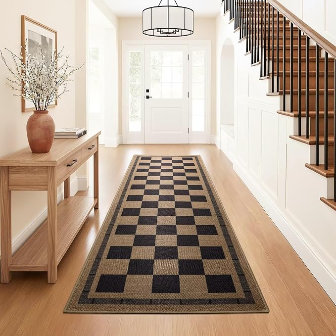 Patio Porch Balcony Runner Carpet Indoor Bedroom Kitchen Laundry Mat, Non Slip Plaid Farmhouse Carpets, Black and Brown