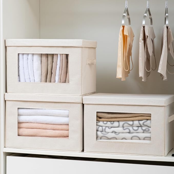 4-Pack 15" Fabric Storage Bins with Lids, Closet Organizers and Storage Boxes with Clear Window, Foldable Clothes Baskets for Blankets, Beige