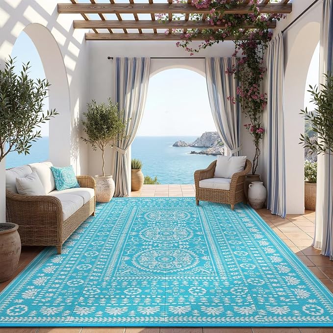 Garvee Reversible Outdoor Rug 8x10 for Patio, Waterproof Outdoor Area Rug, Modern Medallion Indoor Outdoor Rugs, Plastic Straw Rug for RV, Camping, Deck, Vintage Blue