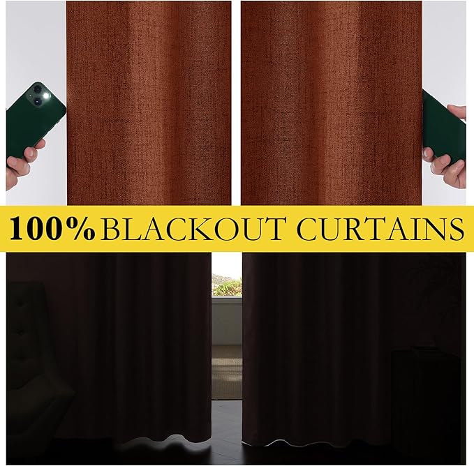 NICETOWN 100% Absolutely Blackout Linen Curtains with Thermal Insulated Liner, 52" Wide, 2 Panels, 90" Long Drapes, Grommet Retro Burnt Orange Linen Curtains Vertical Drapes Privacy for Bedroom