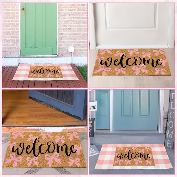 2 Pcs Outdoor Door Mat Combo Set Layered Outdoor Rug and Coir Welcome Doormat Non Slip Outside Floor Mat for Front Porch Entryway Patio Yard Decor(Bow Welcome,24'' X 51',18'' X 28'')