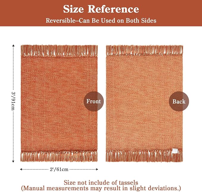 Collive Small Bathroom Rug 2' x 3', Modern Farmhouse Kitchen Mat Hand-Woven Washable Entryway Rugs, Reversible Low Profile Front Door Mat Terracotta Fall Carpet for Porch Back Bedroom Decor